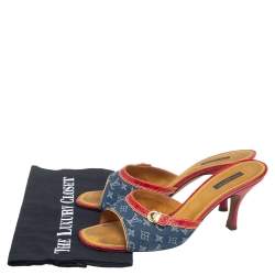 Pre Owned Louis Vuitton Blue-Red Monogram Denim and Crocodile Leather Mules Size 41