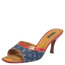 Pre Owned Louis Vuitton Blue-Red Monogram Denim and Crocodile Leather Mules Size 41