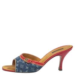 Pre Owned Louis Vuitton Blue-Red Monogram Denim and Crocodile Leather Mules Size 41