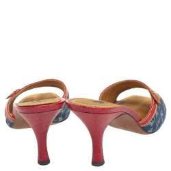 Pre Owned Louis Vuitton Blue-Red Monogram Denim and Crocodile Leather Mules Size 41