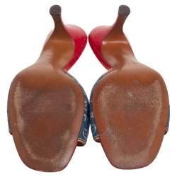 Pre Owned Louis Vuitton Blue-Red Monogram Denim and Crocodile Leather Mules Size 41