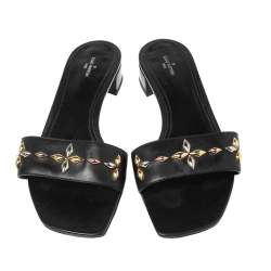 Pre Owned Louis Vuitton Black Leather Studs Embellished Slide Sandals Size 41