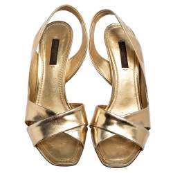 Louis Vuitton Gold Leather Barbara Criss Cross Slingback Sandals Size 37.5