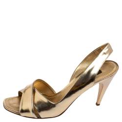 Louis Vuitton Gold Leather Barbara Criss Cross Slingback Sandals Size 37.5