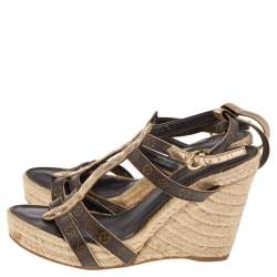 مملوكة مسبقًا Louis Vuitton Monogram Canvas and Leather Wedge Ankle Strap Sandals Size 37