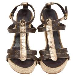 مملوكة مسبقًا Louis Vuitton Monogram Canvas and Leather Wedge Ankle Strap Sandals Size 37