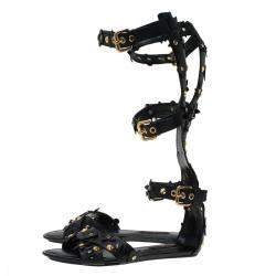 Pre Owned Louis Vuitton Black Leather Fleur Gladiator Sandals Size 36