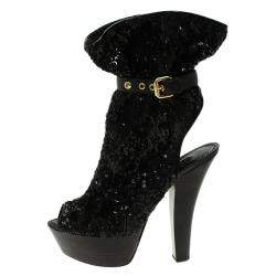 Louis Vuitton Black Sequins and Leather Peep Toe Platform Ankle Boots Size 37