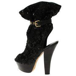 Louis Vuitton Black Sequins and Leather Peep Toe Platform Ankle Boots Size 37