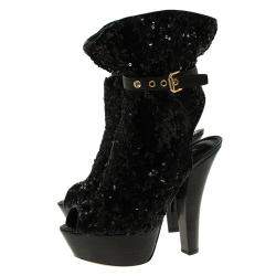 Louis Vuitton Black Sequins and Leather Peep Toe Platform Ankle Boots Size 37