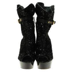 Louis Vuitton Black Sequins and Leather Peep Toe Platform Ankle Boots Size 37