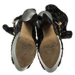 Louis Vuitton Black Sequins and Leather Peep Toe Platform Ankle Boots Size 37