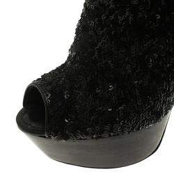 Louis Vuitton Black Sequins and Leather Peep Toe Platform Ankle Boots Size 37