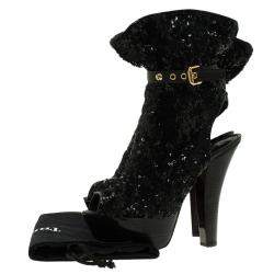 Louis Vuitton Black Sequins and Leather Peep Toe Platform Ankle Boots Size 37