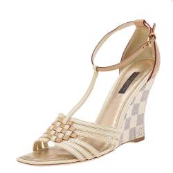 Pre-owned Louis Vuitton Gold Braided Leather Strappy Flat Sandals Size 37