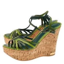 Louis Vuitton Green Patent Leather Summertime Wedge Sandals Size 37.5