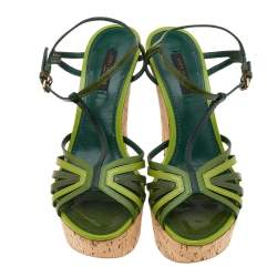 Louis Vuitton Green Patent Leather Summertime Wedge Sandals Size 37.5