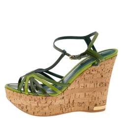Louis Vuitton Green Patent Leather Summertime Wedge Sandals Size 37.5