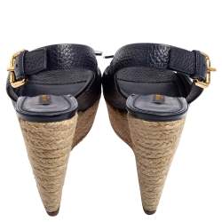 مملوكة مسبقًا Louis Vuitton Navy Blue Leather Espadrille Wedge Slingback Sandals Size 38