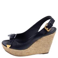 مملوكة مسبقًا Louis Vuitton Navy Blue Leather Espadrille Wedge Slingback Sandals Size 38