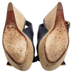 مملوكة مسبقًا Louis Vuitton Navy Blue Leather Espadrille Wedge Slingback Sandals Size 38