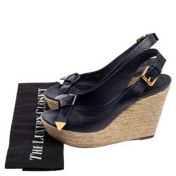 مملوكة مسبقًا Louis Vuitton Navy Blue Leather Espadrille Wedge Slingback Sandals Size 38