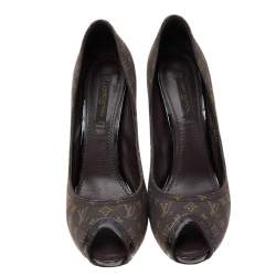 Pre Owned Louis Vuitton Brown Monogram Canvas And Patent Leather Peep Toe Pumps Size 38
