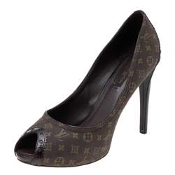 Louis Vuitton Brown Monogram Canvas And Patent Leather Peep Toe Pumps Size 38