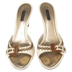 Louis Vuitton Cream Leather Buckle and Whip Stitch Detail Slide Sandals Size 41