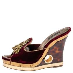 Pre Owned Louis Vuitton Dark Plum Velvet Tassel Open-Toe Platform Wedge Sandals Size 38