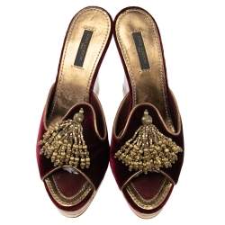 Pre Owned Louis Vuitton Dark Plum Velvet Tassel Open-Toe Platform Wedge Sandals Size 38