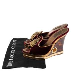 Pre Owned Louis Vuitton Dark Plum Velvet Tassel Open-Toe Platform Wedge Sandals Size 38