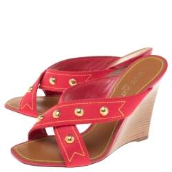 Pre Owned Louis Vuitton Pink Canvas Studded Wedge Cross Strap Sandals Size 41