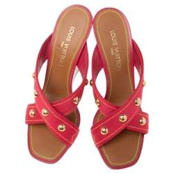 Pre Owned Louis Vuitton Pink Canvas Studded Wedge Cross Strap Sandals Size 41
