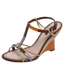 مملوكة مسبقًا Louis Vuitton Multicolor Leather And Croc Embossed Leather T-Strap Espadrille Wedge Sandals Size 41
