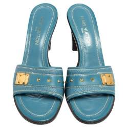 Louis Vuitton Blue Leather Embellished Buckle Strap Slide Sandals Size 41