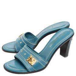 Louis Vuitton Blue Leather Embellished Buckle Strap Slide Sandals Size 41