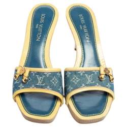 Pre Owned صندل سلايدز لوي فيتون فيونكة حافة جلد لامع ودنيم مونوغرامي أصفر/ أزرق مقاس 41