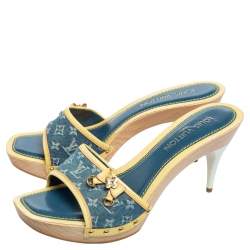 Pre Owned صندل سلايدز لوي فيتون فيونكة حافة جلد لامع ودنيم مونوغرامي أصفر/ أزرق مقاس 41