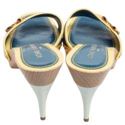 Pre Owned صندل سلايدز لوي فيتون فيونكة حافة جلد لامع ودنيم مونوغرامي أصفر/ أزرق مقاس 41