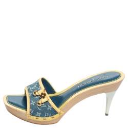 Pre Owned صندل سلايدز لوي فيتون فيونكة حافة جلد لامع ودنيم مونوغرامي أصفر/ أزرق مقاس 41