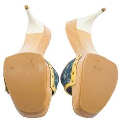 Pre Owned صندل سلايدز لوي فيتون فيونكة حافة جلد لامع ودنيم مونوغرامي أصفر/ أزرق مقاس 41