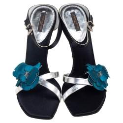 Pre Owned صندل لوي فيتون ساتان وجلد أسود/فضي حلية وردة مقاس 40.5