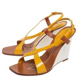 Louis Vuitton Yellow Patent Leather Wedge Cross Strap Slingback Sandals Size 40.5