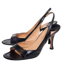 Pre Owned Louis Vuitton Black Leather Logo Slingback Sandals Size 40.5