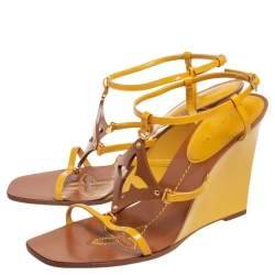 Pre Owned Louis Vuitton Yellow/Brown Patent And Leather Fleur Wedge Sandals Size 40.5