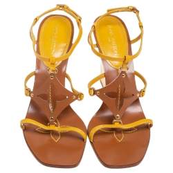 Pre Owned Louis Vuitton Yellow/Brown Patent And Leather Fleur Wedge Sandals Size 40.5
