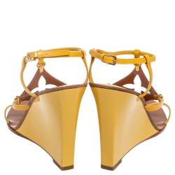 Pre Owned Louis Vuitton Yellow/Brown Patent And Leather Fleur Wedge Sandals Size 40.5