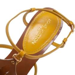 Pre Owned Louis Vuitton Yellow/Brown Patent And Leather Fleur Wedge Sandals Size 40.5
