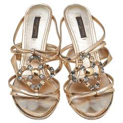 Pre Owned Louis Vuitton Metallic Gold Leather Crystal Embellished Slide Sandals Size 38